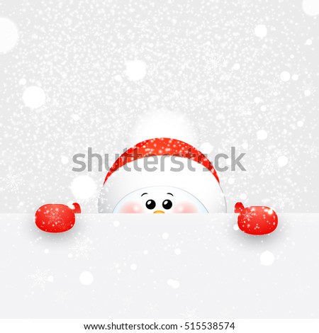 Christmas Cute Snowman with falling snowflakes, snow standing behind a blank signboard, advertisement banner with copy space. vector cartoon illustration.