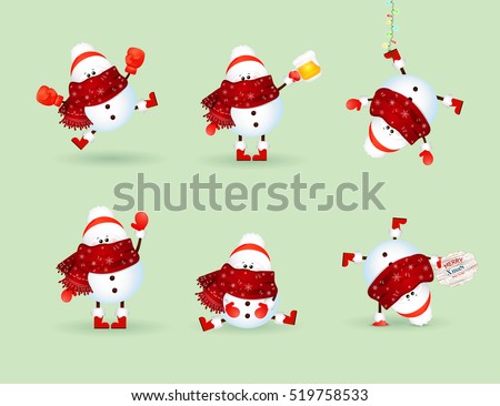 Hand drawn Cute, funny cartoon Snowman Collection. Snowman with beer mug, boxing gloves, waving hand, upside down and christmas gift box isolated on green background. vector illustration. Set 2