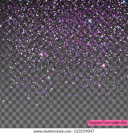 Vector festive illustration of falling shiny particles and stars isolated on transparent background. Purple Confetti Glitters. Sparkling texture. Holiday Decorative tinsel element for Design