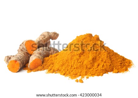 Turmeric rhizome and powder on white background