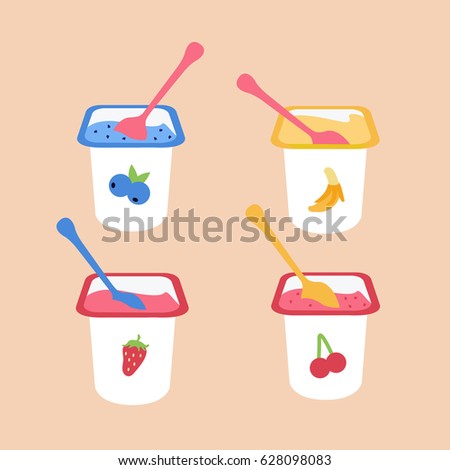 tasty & delicious flat design style clean dairy strawberry, cherry, blueberries & banana yogurt in open plastic cup & spoon inside. yogurt with many fruits isolated. baby food icon vector simple print