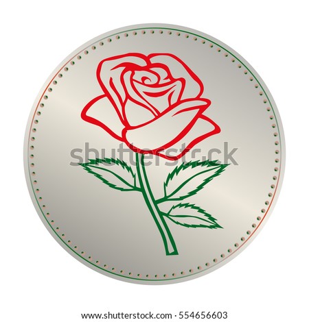Rose sketch with coin. Flower element. Vector illustration. Elegant floral outline design. Gray coin with flower isolated on white background. Abstract rose. Good for design, logo or decoration