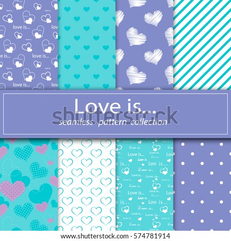 Set of seamless fabric.Stock vector. Eight canvases. Under the clipping mask. The feast day of St. Valentiney. Love and marriage. Stock vector. Decoration.