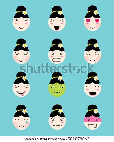 Cute Emoji Collection Kawaii Asian Girl Stock Vector ...