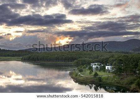 Vietnam, Da Lat city, Tuyen Lam lake in a cloudy sunset