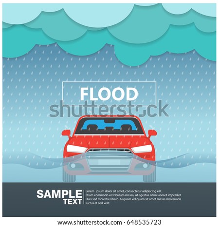 Car front View In A flood rainy season Vector Illustration