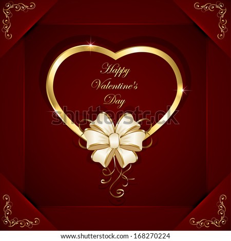 Red valentines background with golden heart and beige bow, illustration.