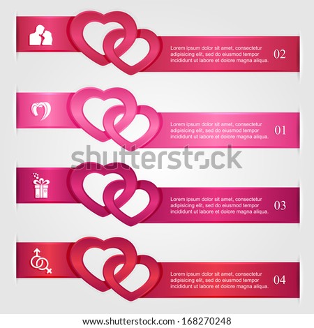 Set of four pink infographics with hearts and icons, numbered options, modern design, business options banner, illustration.