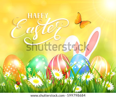 Easter theme with ears of bunny and butterflies flying above the colorful eggs in grass and flowers, yellow nature background with sun beams and lettering Happy Easter, illustration.