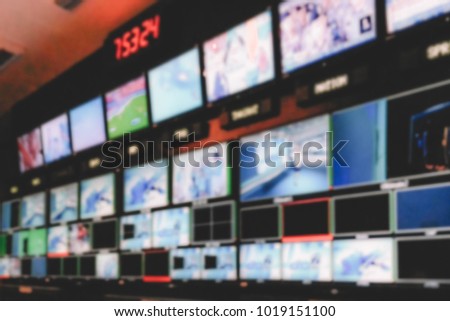 Blur image video switch of Television Broadcast, working with video and audio mixer, control broadcasts in recording studio.