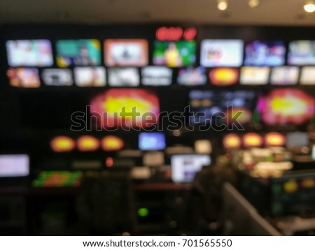 Blur image video switch of Television Broadcast, working with video and audio mixer, control broadcasts in recording studio.