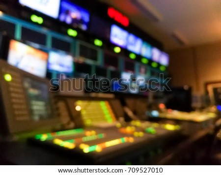 Blur image video switch of Television Broadcast, working with video and audio mixer, control broadcasts in recording studio.