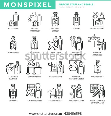 Flat Icons set of Airport Staff and People. Pixel Perfect Icons. Simple pictogram pack vector logo concept for web graphics