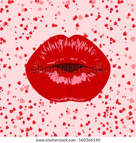 Valentines day logo,love,intimacy card,banner,background.Red kissing cartoon sexy lips decorative icons for valentines day party on hearts background. vector illustration.8 March Women's Day
