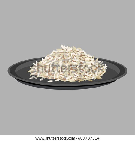 Rice on black plate. Vector illustration