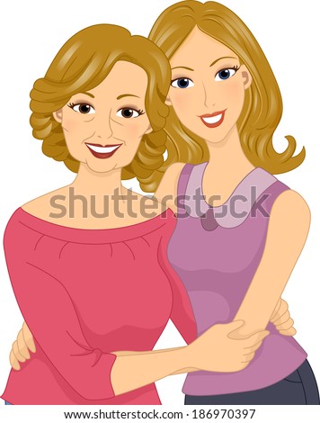 Illustration of a Woman Hugging Her Middle-aged Mom
