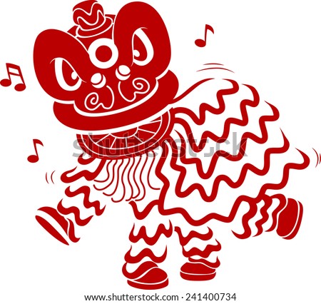 Stencil Illustration of Men in Costume Performing a Lion Dance