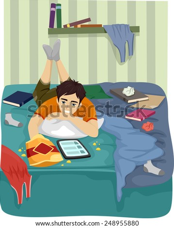 Illustration of a Teenage Boy Browsing the Internet on His Tablet in ...