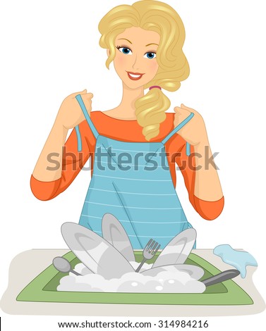 Illustration Of A Female Dishwasher Putting An Apron On Illustration Of A Female Dishwasher Putting An Apron On
