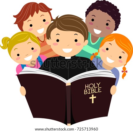 Illustration Stickman Kids Priest Reading Holy Stock 