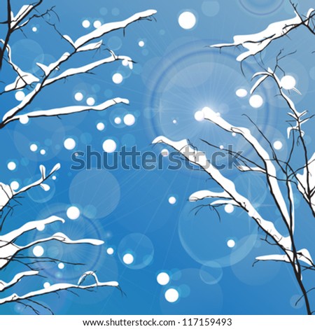 Winter vector background with tree brunches covered in snow. Vector eps10 file with transparency effect.