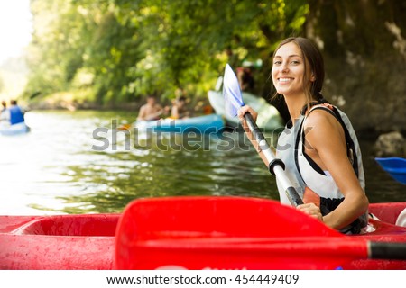 Brunette Woman Smiling Canoe Doing Kayaking Stock Photo 