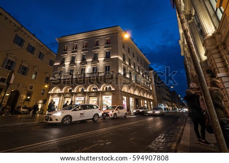 ROME, ITALY - CIRCA OCTOBER, 2016: Fendi store at night. Fendi is an Italian luxury fashion house producing fur, apparel, leather goods, shoes, fragrances, eyewear, timepieces and accessories.