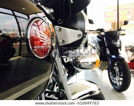 Phitsanulok province, Thailand - April 7, 2017: Close up logo Honda super bike motorcycle model CB1100ex with CB650f at showroom Honda Big wing Phitsanulok.