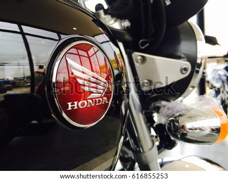 Phitsanulok province, Thailand - April 7, 2017: Close up logo Honda super bike motorcycle at showroom Honda Big wing Phitsanulok.