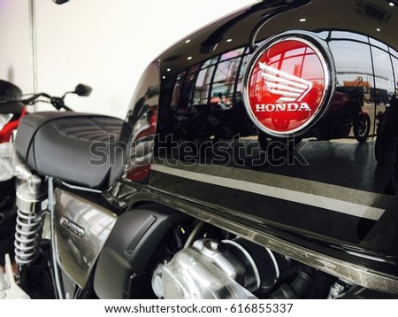Phitsanulok province, Thailand - April 7, 2017: Close up logo Honda super bike motorcycle at showroom Honda Big wing Phitsanulok.