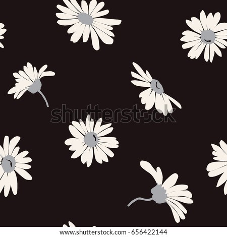 Seamless pattern with white daisies on black background. Vector illustration.