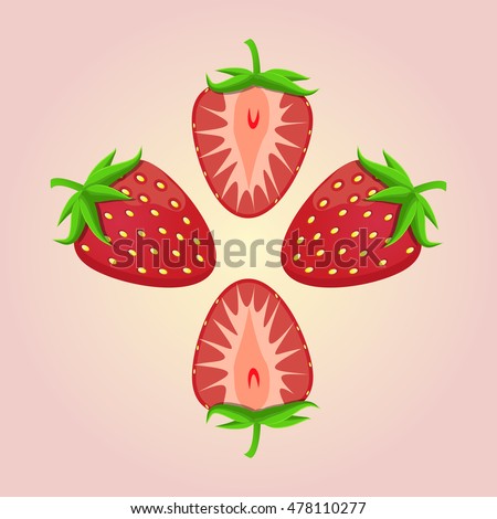 Abstract vector illustration logo whole ripe berry red strawberry,green stem leaf,cut sliced. Strawberry drawing consisting of tag label,peel fruits,pip ripe sweet food.Eat fresh berries strawberries.