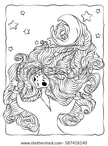 Coloring Book Page Girl With Lush Hair Stars And Moon