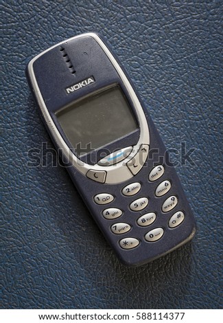 London, England - Febuary 26, 2017: Nokia 3310 Mobile Phone, One of Nokia's most popular phones, First launched in September 2000.