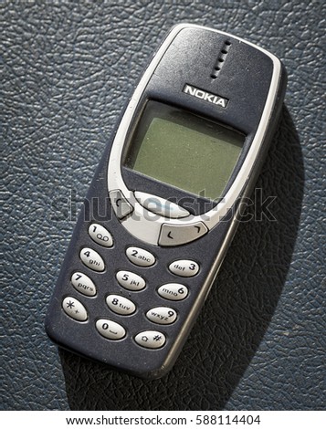 London, England - Febuary 26, 2017: Nokia 3310 Mobile Phone, One of Nokia's most popular phones, First launched in September 2000.