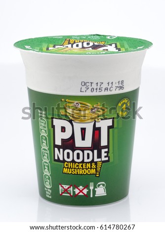 London, England - March 03, 2017: Pot Noodle Chicken and Mushroom Flavour Snack Pot, Isolated on a white background. Pot Noodle is made by Unilever