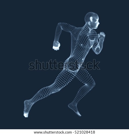 Running Man. Vector Graphics Composed of Particles. 3D Model of Man. Human Body Model. Body Scanning. View of Human Body.