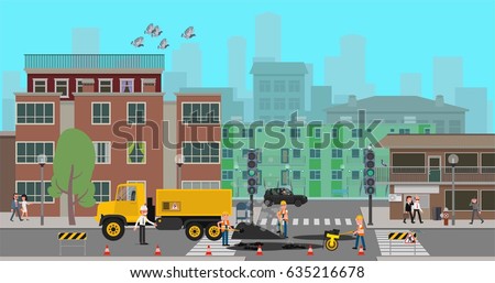 Workers repair the road at the crossroads of the city. Vector illustration, a flat style design.