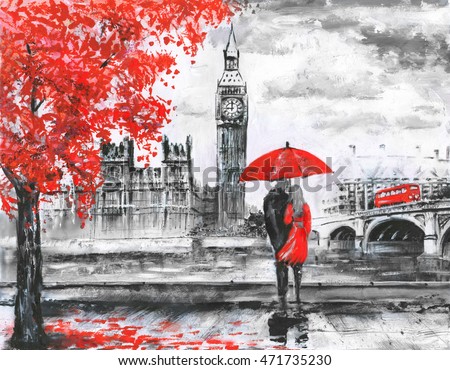 Oil painting on canvas street view of london river and bus on bridge Oil painting on canvas street view of london river and bus on bridge