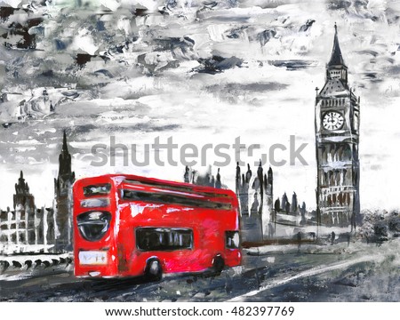 Oil painting on canvas street view of london bus on road artwork Oil painting on canvas street view of london bus on road artwork