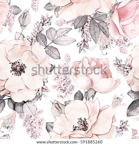 Seamless pattern with pink flowers and leaves on white background, watercolor floral pattern, flower rose in pastel color, tileable for wallpaper, card or fabric