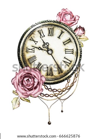 Watercolor Illustration Pink Roses Chain Clock Stock ...