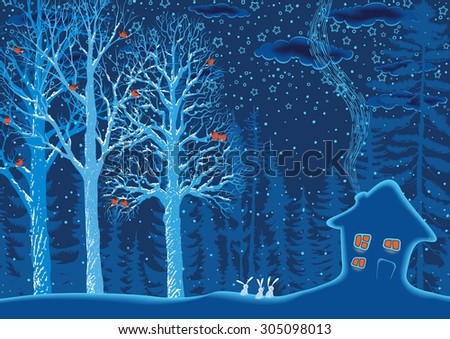 Winter landscape with a snow covered hut and trees with a perched flock of bullfinches on branches in the forest