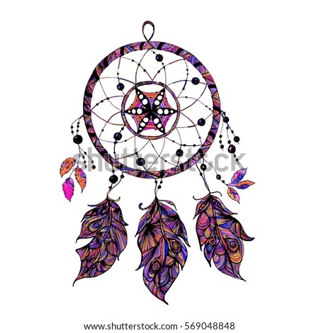 stock vector indian dream catcher with beads feathers sketch style color option vector illustration isolated 569048848