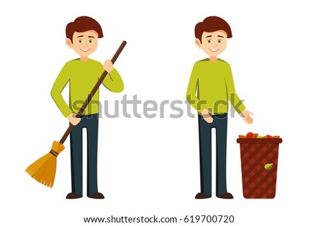 janitor young man in working clothes with a broom in his hands.eco concept. the character shows a container with debris, leaves, vector illustration in flat style on white background