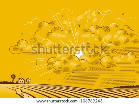 Clouds over fields. Vector