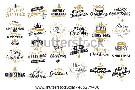 Merry Christmas. Happy New Year, 2017. Typography set. Vector logo, emblems, text design. Usable for banners, greeting cards, gifts etc.