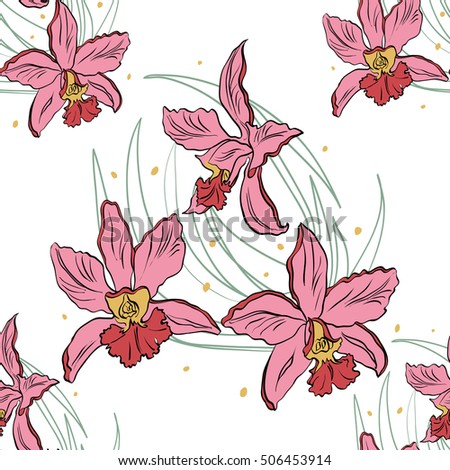 Seamless pattern of pink orchids on a white background. Orchid isolated. Vector illustration