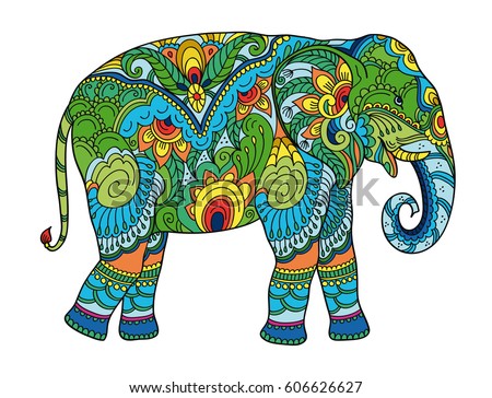 Drawing stylized elephant. Freehand sketch for adult anti stress coloring book for adultpage with doodle and zentangle elements. Multicolor bright colors