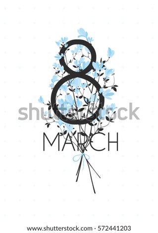 HAPPY International Women's Day and 8 march. greeting card with bouquet of small blue flowers isolated on the white vintage background.